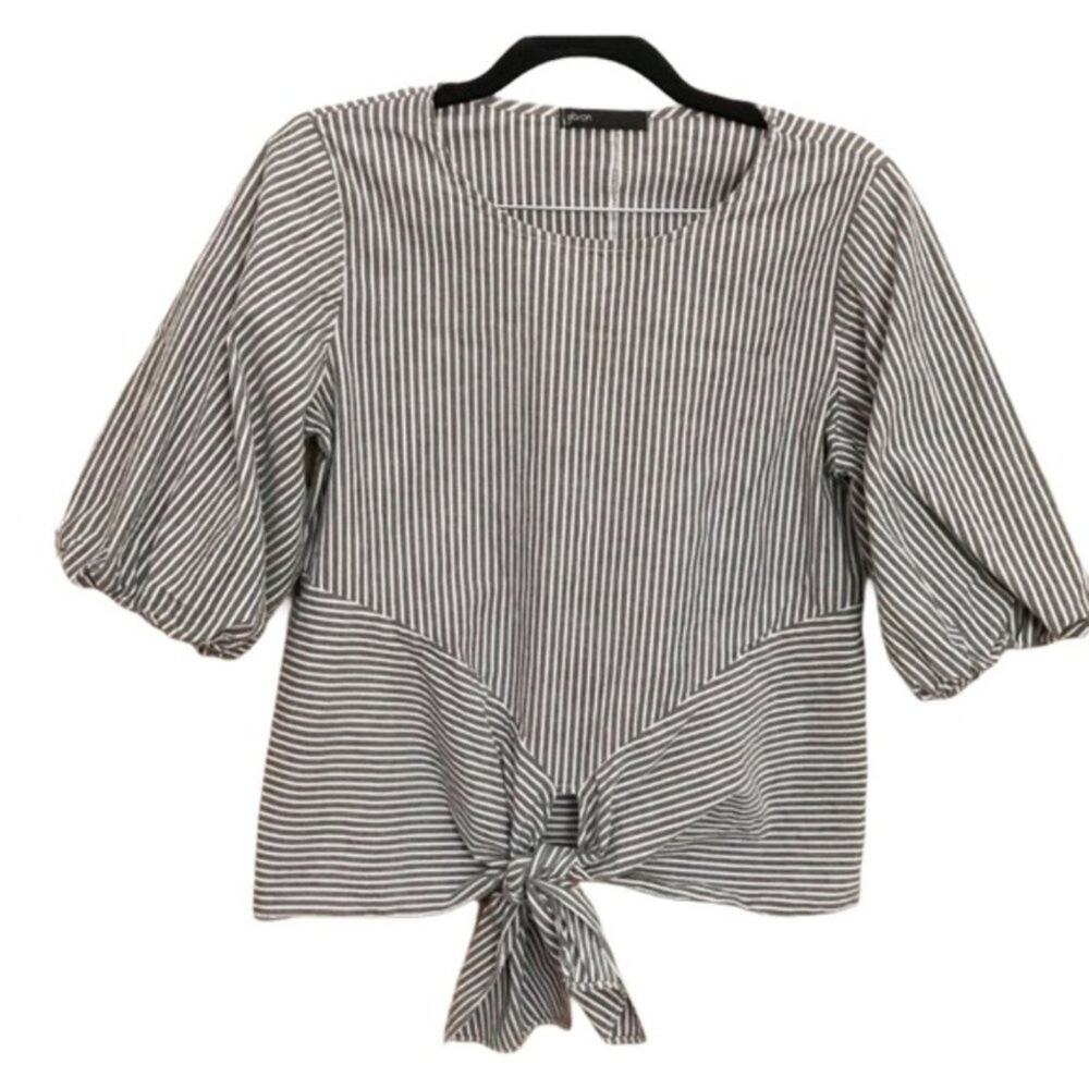 Gibson Gray Striped Tie Front Shirt  Small Boho Elbow Balloon Sleeve